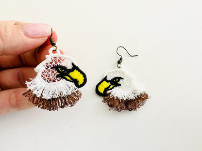Fringed Bald Eagle fluffy tiny earrings or charm in the hoop FSL freestanding lace fluffy machine embroidery designs size approx 1.5 inch - image 4