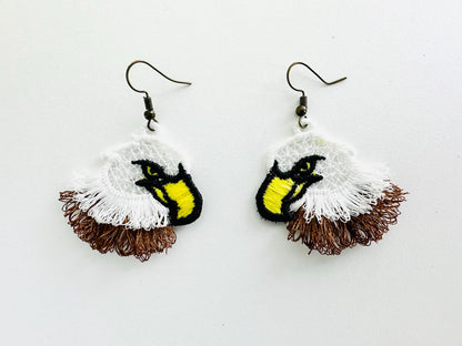 Fringed Bald Eagle fluffy tiny earrings or charm in the hoop FSL freestanding lace fluffy machine embroidery designs size approx 1.5 inch - image 1