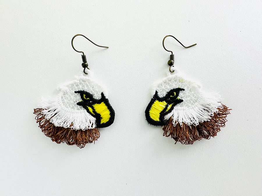 Fringed Bald Eagle fluffy tiny earrings or charm in the hoop FSL freestanding lace fluffy machine embroidery designs size approx 1.5 inch - image 1