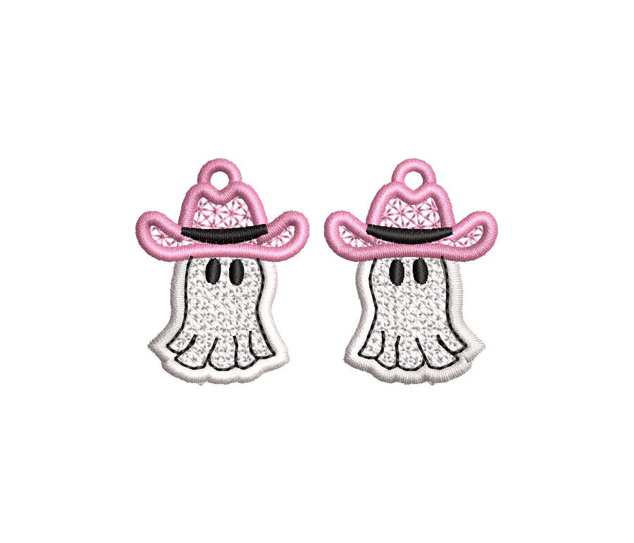 Adorable Ghost Cowboy Hat charm earrings FSL freestanding lace machine embroidery designs kids girls Halloween earrings simply in the hoop - image 1