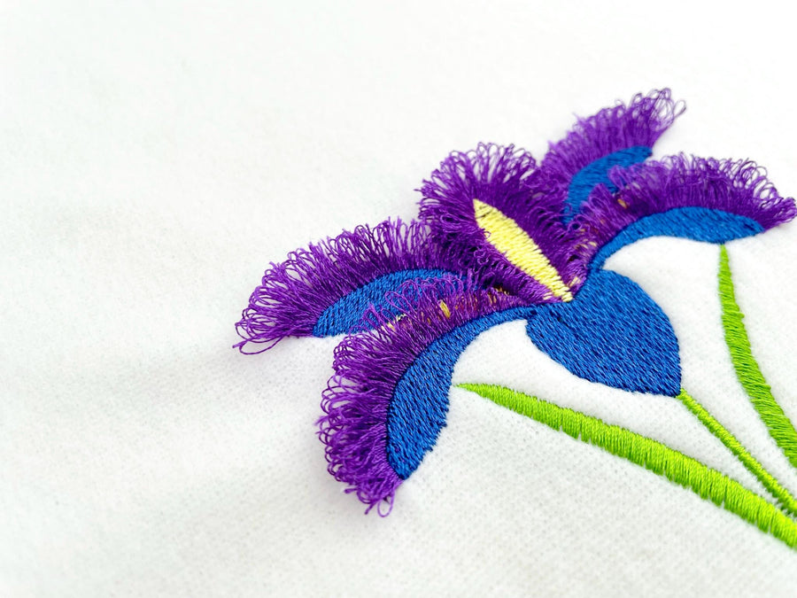 Fringed Fluffy Iris Flower single stem floral Fringe garden floral Iris machine embroidery designs instant download chenille fuzzy design - image 1