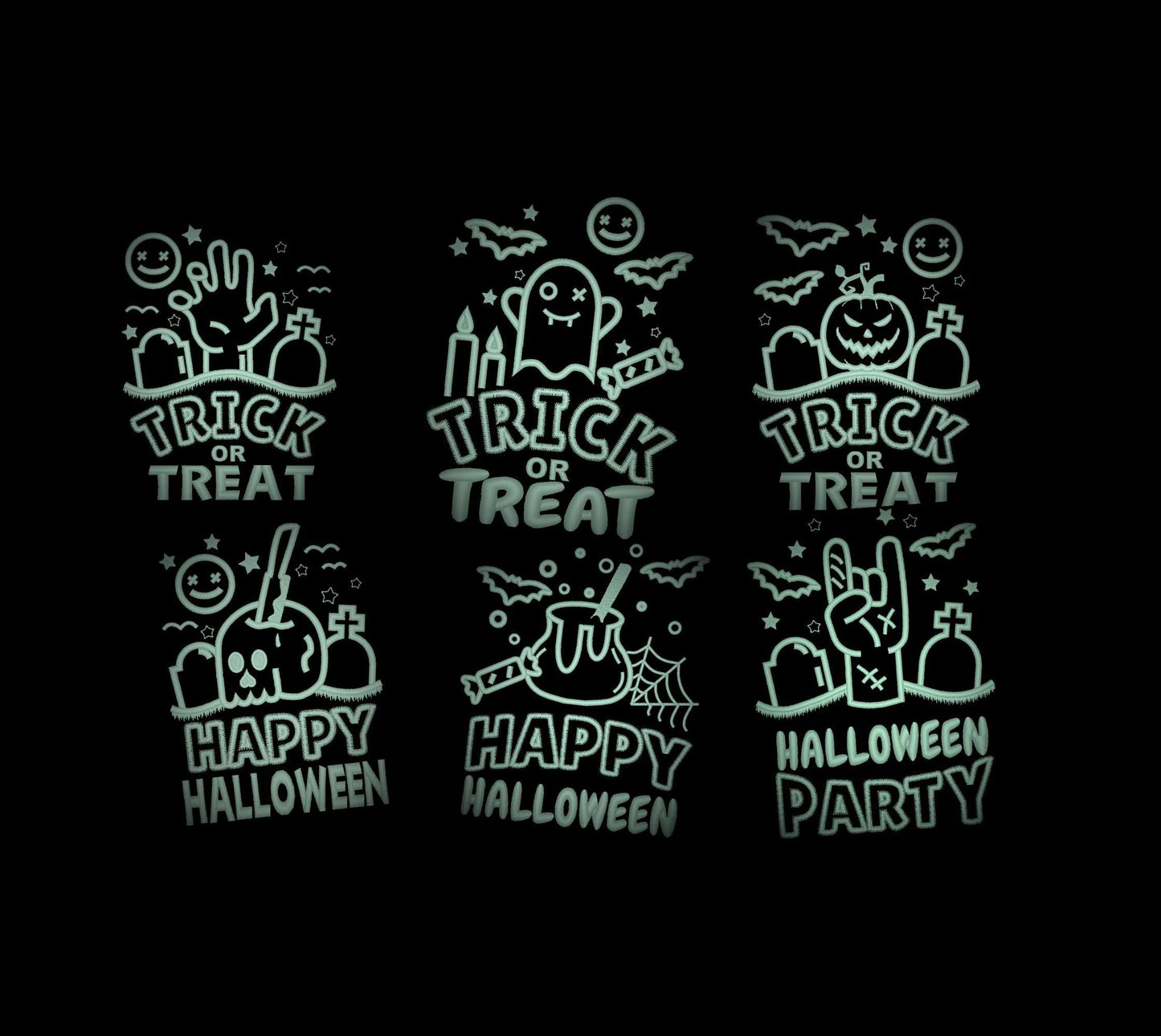 Trick or treat Happy Halloween party SET of 6 Glow in the dark special thread machine embroidery designs spooky scare pumpkin Jack O Lantern