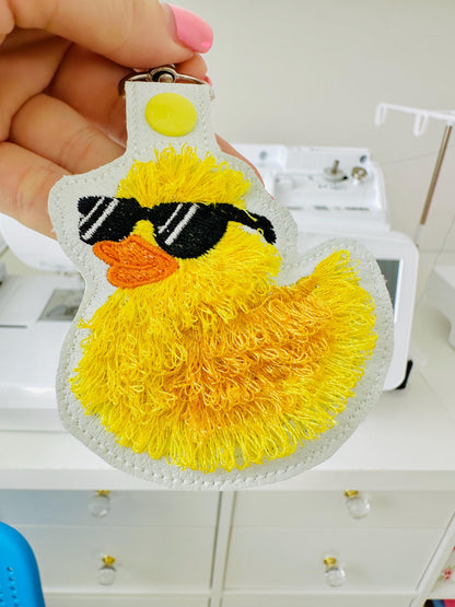 Fringed Rubber Duck Sun Glasses Eyelet and Key Fob Snap Tab in the hoop machine embroidery designs ITH project fluffy bath duck kids bag tag - image 1
