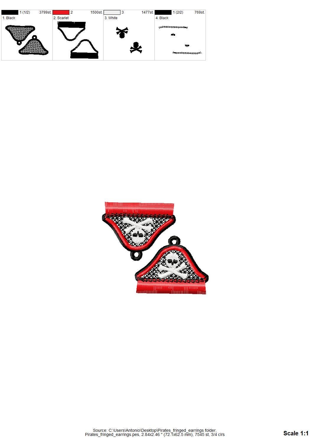 Fringed Pirate earrings FSL freestanding lace machine embroidery designs Corsair Skull crossed bones charm pendant design simply in the hoop - image 6