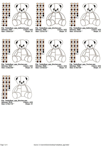 Cute little Patchwork Teddy Bear Applique machine embroidery designs baby kids girls boys soft Teddy design many sizes 4.5 up to 8 inches - image 6