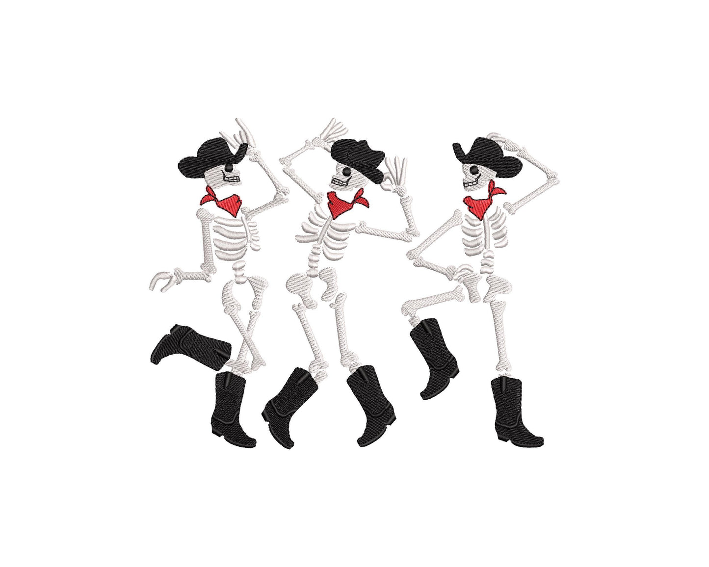 Dancing Skeletons Cowboy Hat Bandanna Skeleton Halloween machine embroidery designs many sizes 7 up to 10 inches kids boys spooky design