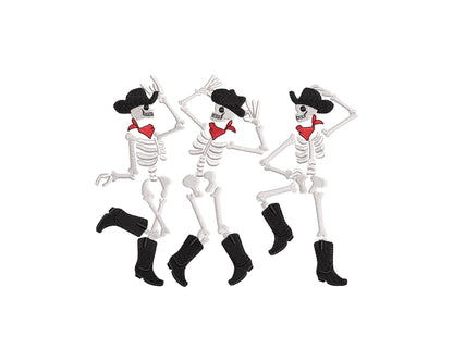 Dancing Skeletons Cowboy Hat Bandanna Skeleton Halloween machine embroidery designs many sizes 7 up to 10 inches kids boys spooky design