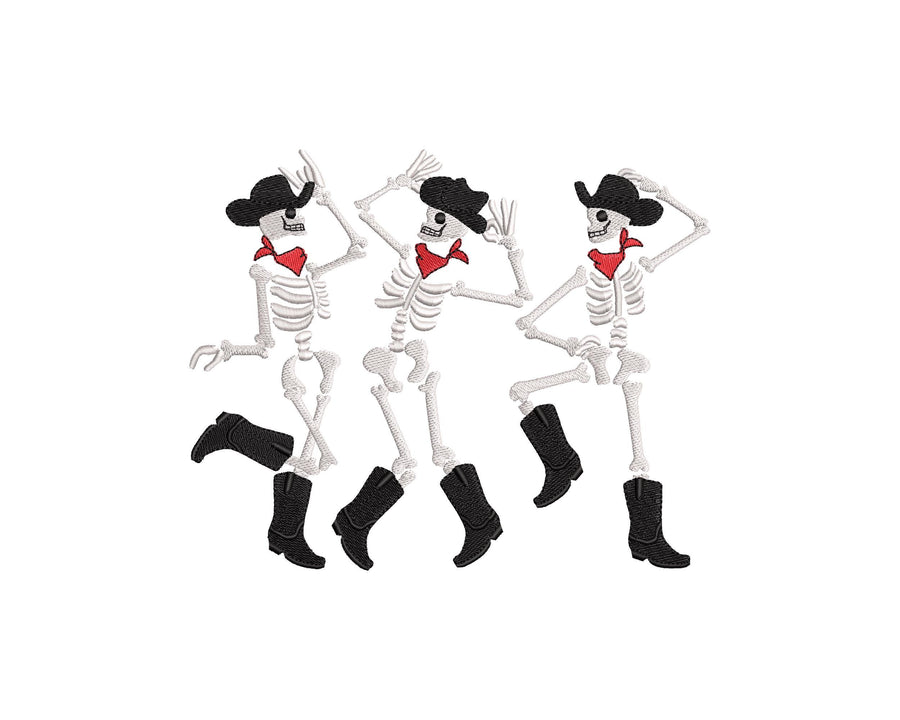 Dancing Skeletons Cowboy Hat Bandanna Skeleton Halloween machine embroidery designs many sizes 7 up to 10 inches kids boys spooky design