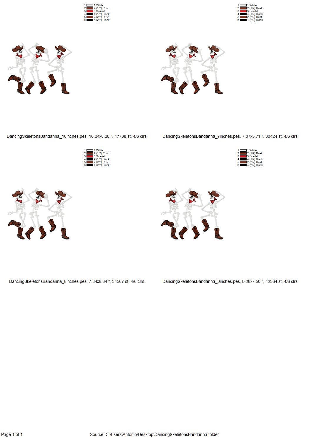 Dancing Skeletons Cowboy Hat Bandanna Skeleton Halloween machine embroidery designs many sizes 7 up to 10 inches kids boys spooky design