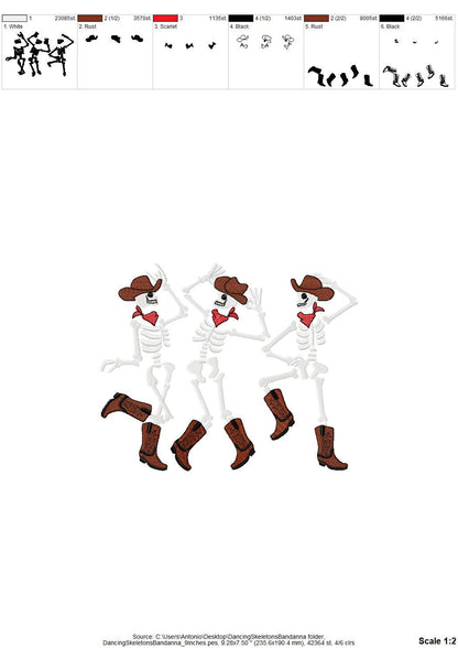 Dancing Skeletons Cowboy Hat Bandanna Skeleton Halloween machine embroidery designs many sizes 7 up to 10 inches kids boys spooky design