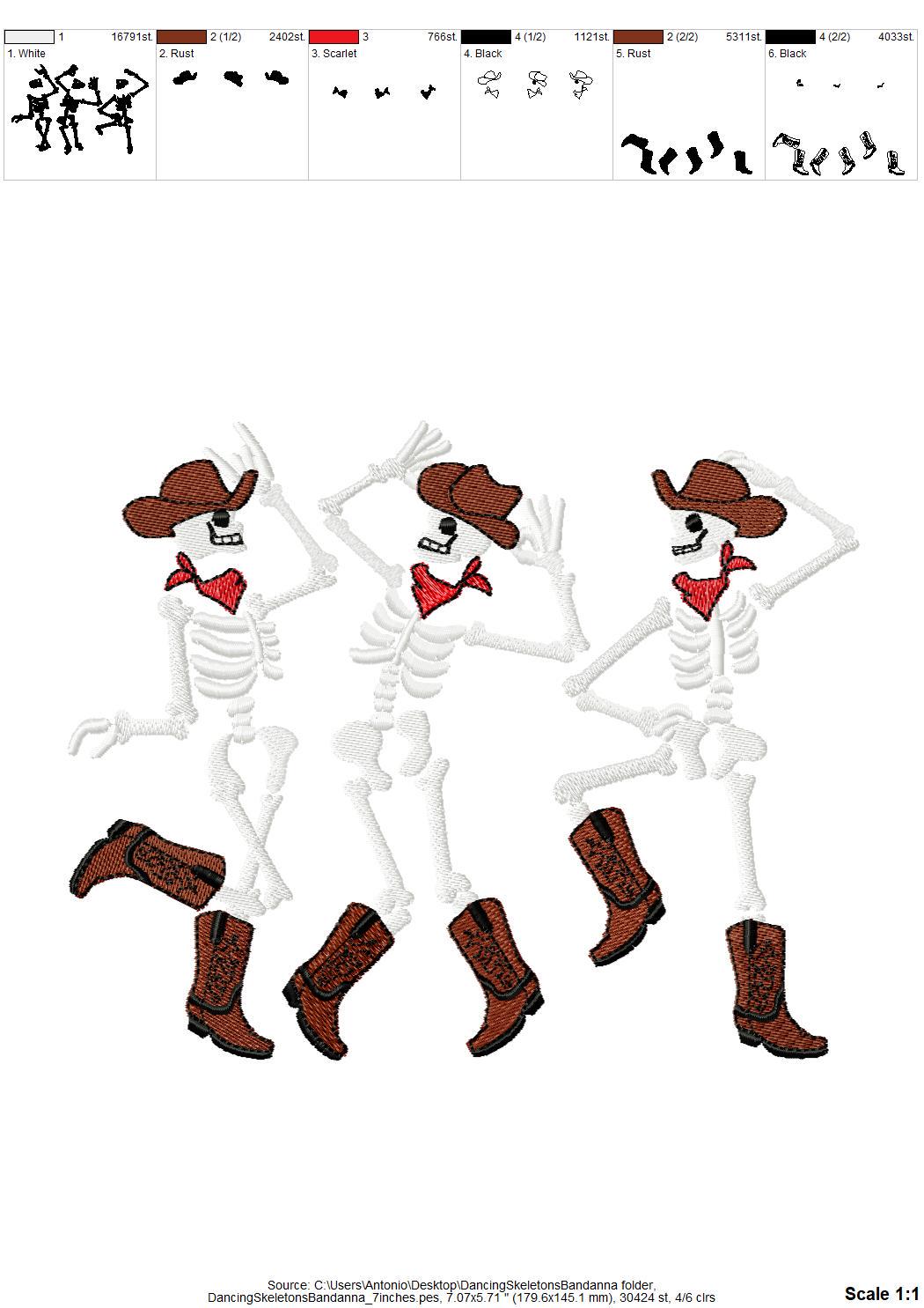 Dancing Skeletons Cowboy Hat Bandanna Skeleton Halloween machine embroidery designs many sizes 7 up to 10 inches kids boys spooky design