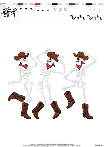 Dancing Skeletons Cowboy Hat Bandanna Skeleton Halloween machine embroidery designs many sizes 7 up to 10 inches kids boys spooky design