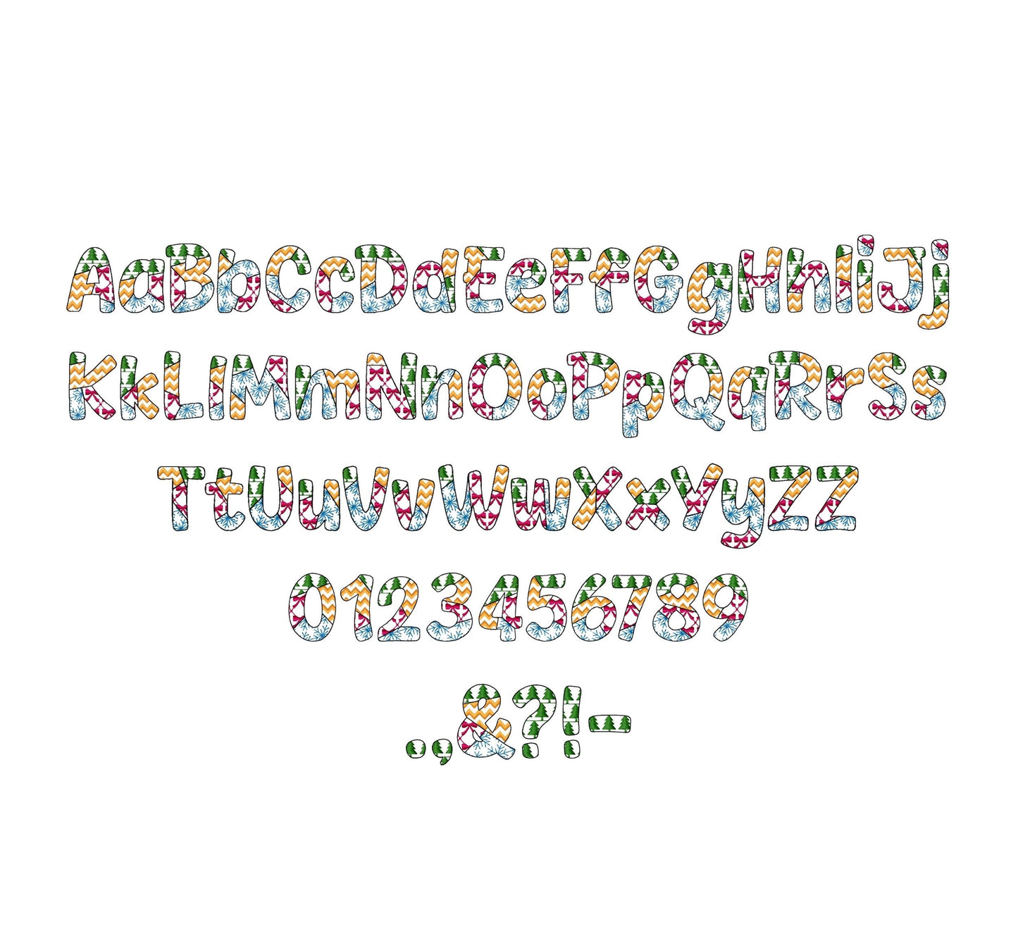 Christmas theme Patterned Font Patchwork alphabet Monogram rounded letters machine embroidery designs