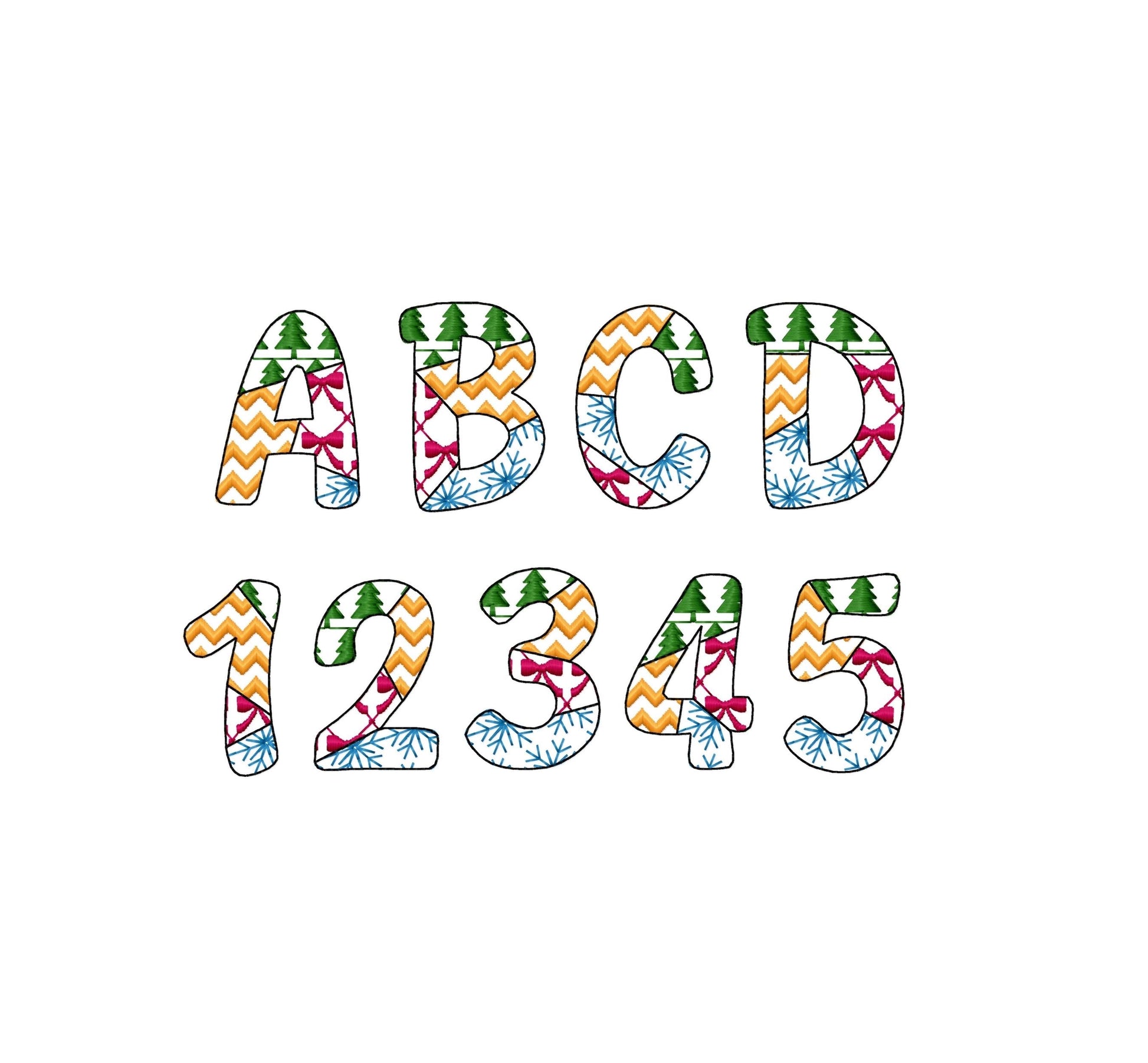 Christmas theme Patterned Font Patchwork alphabet Monogram rounded letters machine embroidery designs