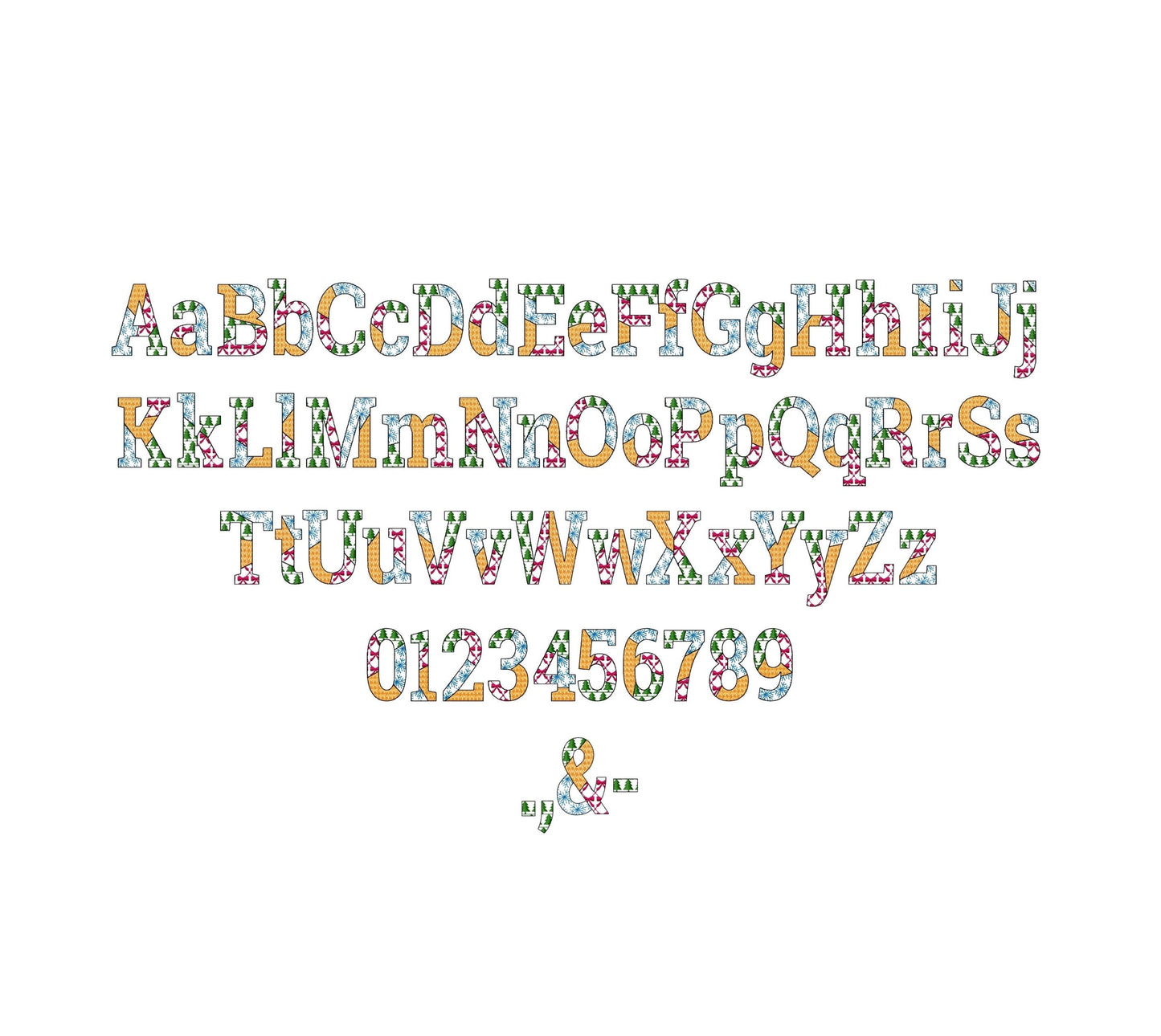 Christmas theme Patterned Block Font Patchwork alphabet Monogram letters numbers machine embroidery designs sizes 1.8 up to 3.5 inch, BX