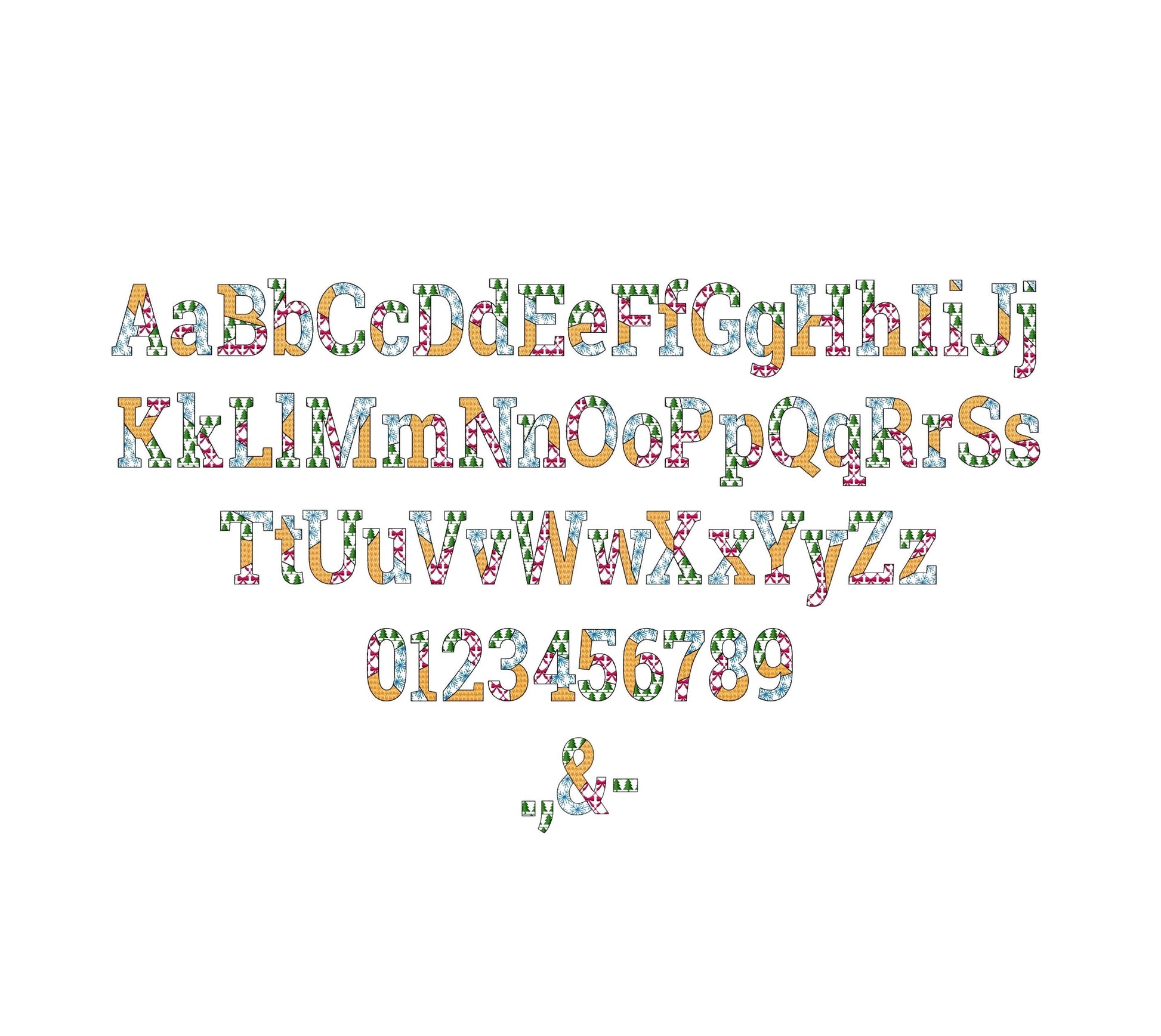 Christmas theme Patterned Block Font Patchwork alphabet Monogram letters numbers machine embroidery designs sizes 1.8 up to 3.5 inch, BX