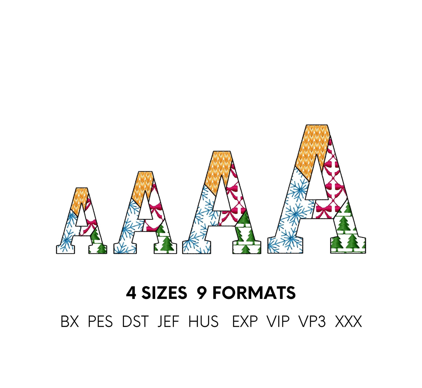 Christmas theme Patterned Block Font Patchwork alphabet Monogram letters numbers machine embroidery designs sizes 1.8 up to 3.5 inch, BX