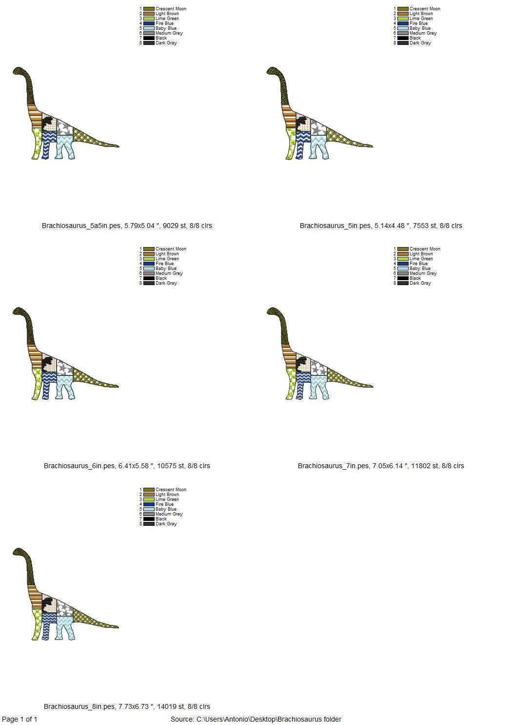 Patchwork Brachiosaurus dinosaur Jurassic animal silhouette patterned outline kids boys machine embroidery designs sizes 5 up to 8 inches