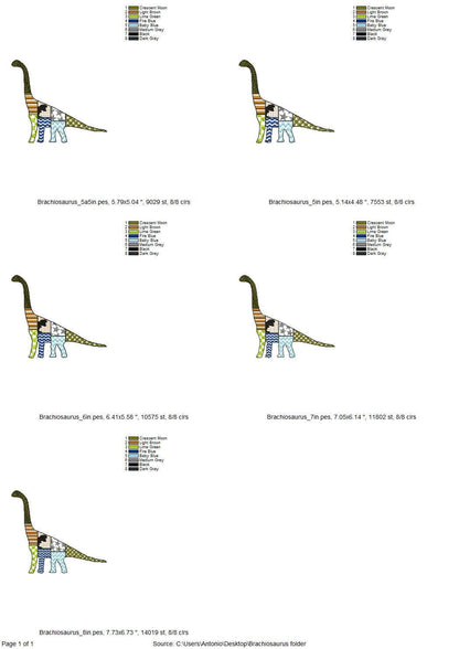 Patchwork Brachiosaurus dinosaur Jurassic animal silhouette patterned outline kids boys machine embroidery designs sizes 5 up to 8 inches