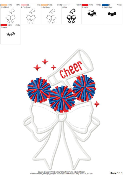 Cheer Sports Cheerleader pompoms easy to do Megaphone Bow Applique side seam Bow machine embroidery designs split seam Girly t-shirt - image 9