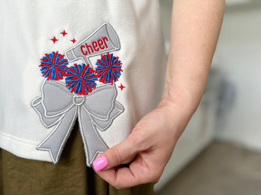 Cheer Sports Cheerleader pompoms easy to do Megaphone Bow Applique side seam Bow machine embroidery designs split seam Girly t-shirt - image 1