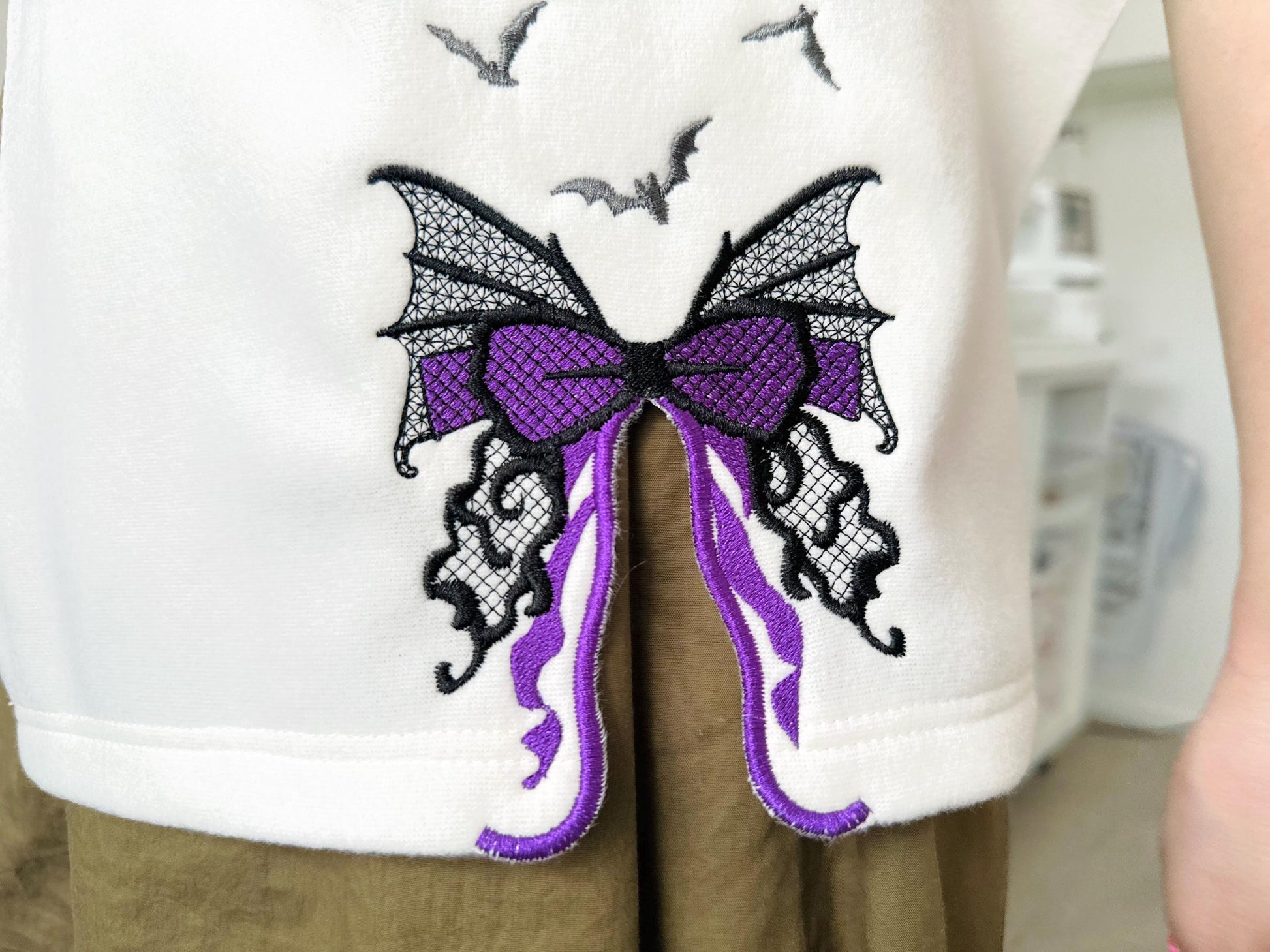 Halloween Spooky Bow split side seam cutout side bow fill stitch and lace effect machine embroidery designs  girls t-shirt sweatshirt design - image 3