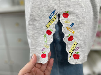 Back to School Teacher Tools split side seam cutout side bow machine embroidery designs kids sweatshirt t-shirt outfit Ruler Apple Crayon - image 1
