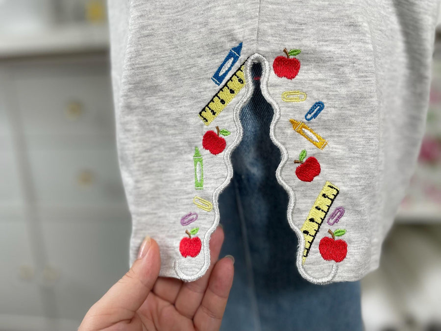 Back to School Teacher Tools split side seam cutout side bow machine embroidery designs kids sweatshirt t-shirt outfit Ruler Apple Crayon - image 1