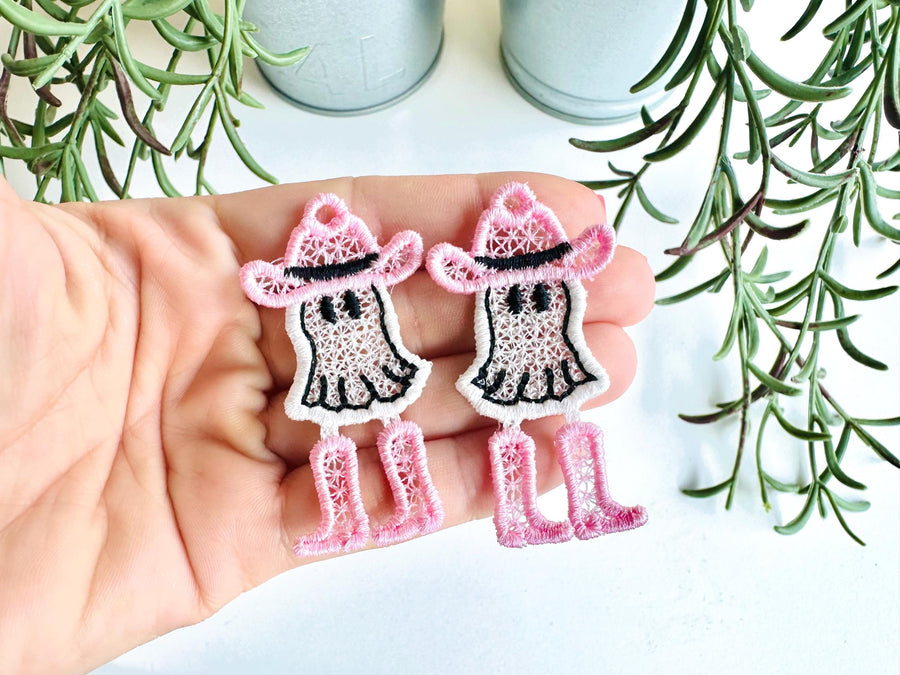 Adorable Ghost Cowboy Hat and Boots charm earrings FSL freestanding lace machine embroidery designs kids girls Halloween design in the hoop - image 1