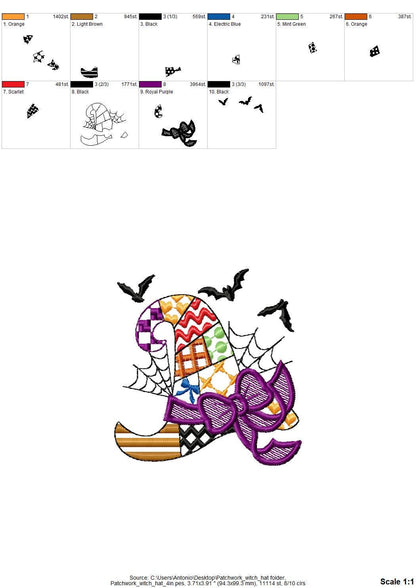 Patchwork Witch Hat Halloween theme awesome patterned Witch Hat outline girls machine embroidery designs sizes 4 up to 8 inch light stitch - image 8