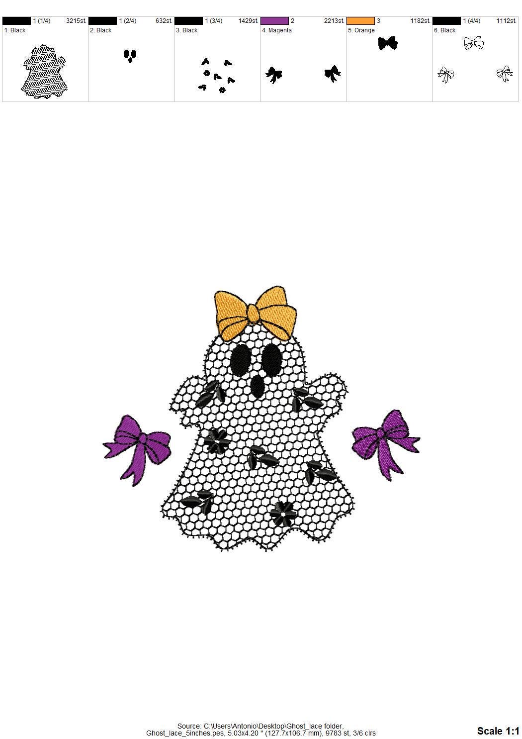 Cute Little Ghost with Bow lace effect dress Halloween machine embroidery designs for hoop 4x4 and 5x7 kids baby girls scary spooky design - image 6