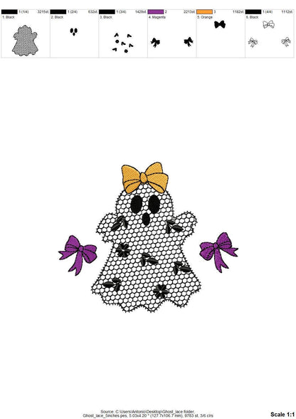 Cute Little Ghost with Bow lace effect dress Halloween machine embroidery designs for hoop 4x4 and 5x7 kids baby girls scary spooky design - image 6