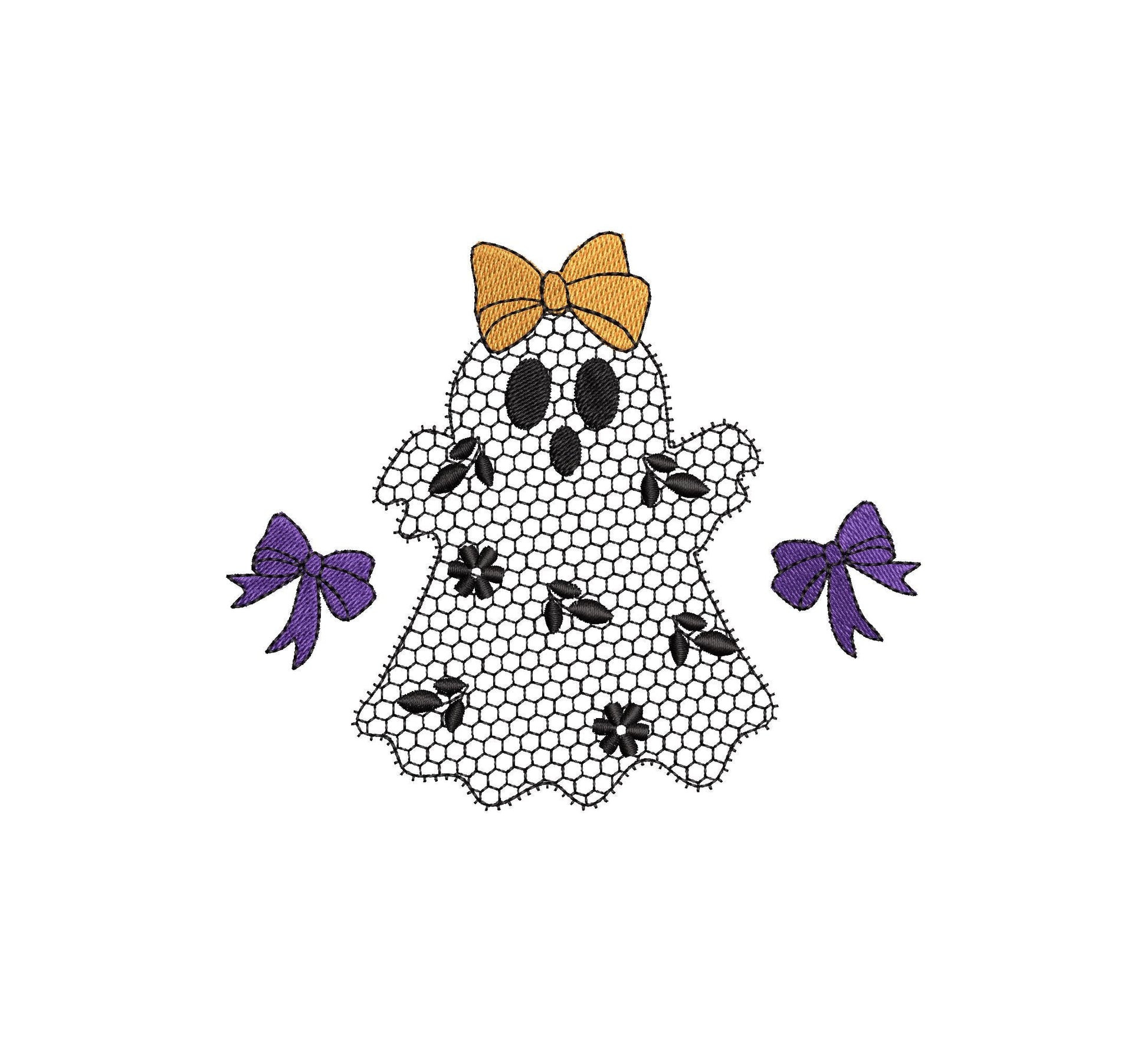 Cute Little Ghost with Bow lace effect dress Halloween machine embroidery designs for hoop 4x4 and 5x7 kids baby girls scary spooky design - image 4