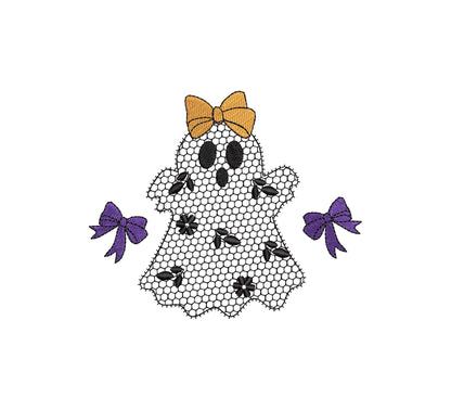 Cute Little Ghost with Bow lace effect dress Halloween machine embroidery designs for hoop 4x4 and 5x7 kids baby girls scary spooky design - image 4