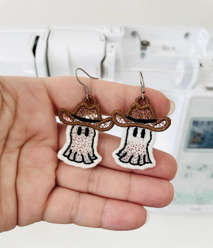 Adorable Ghost Cowboy Hat charm earrings FSL freestanding lace machine embroidery designs kids girls Halloween earrings simply in the hoop - image 3