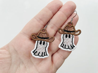 Adorable Ghost Cowboy Hat charm earrings FSL freestanding lace machine embroidery designs kids girls Halloween earrings simply in the hoop - image 6