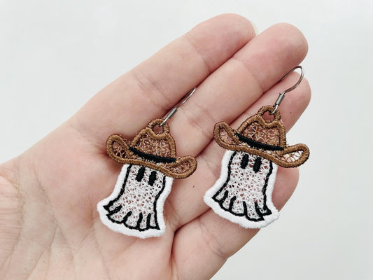 Adorable Ghost Cowboy Hat charm earrings FSL freestanding lace machine embroidery designs kids girls Halloween earrings simply in the hoop - image 1