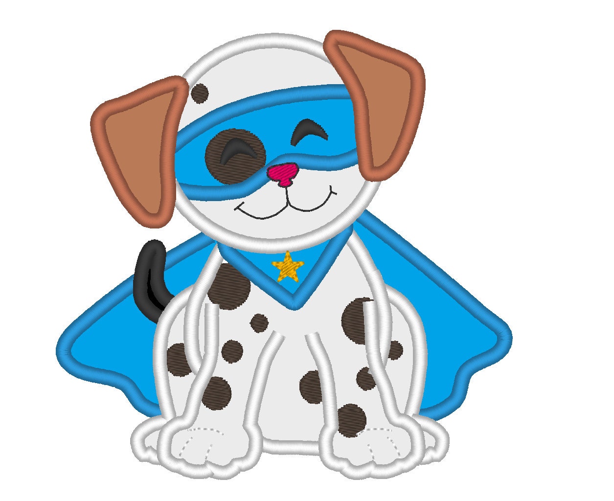 Dalmatian Puppy dog with a super hero mask and cape applique machine embroidery designs