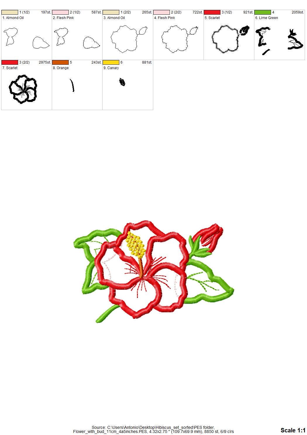 Hibiscus Flower Set of 5 types Applique machine embroidery designs floral blossom