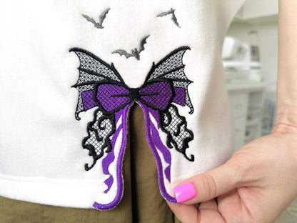 Halloween Spooky Bow split side seam cutout side bow fill stitch and lace effect machine embroidery designs  girls t-shirt sweatshirt design - image 1