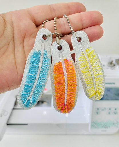 Fringed Fluffy Feather Eyelet and Key Fob Snap Tab simply in the hoop iridescent effect machine embroidery designs ITH keychain bag tag kids - image 2