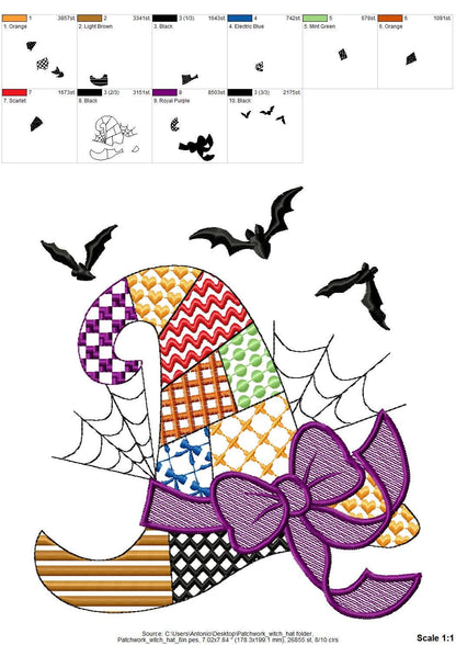 Patchwork Witch Hat Halloween theme awesome patterned Witch Hat outline girls machine embroidery designs sizes 4 up to 8 inch light stitch - image 10
