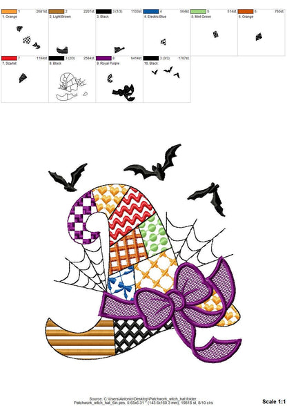 Patchwork Witch Hat Halloween theme awesome patterned Witch Hat outline girls machine embroidery designs sizes 4 up to 8 inch light stitch - image 9