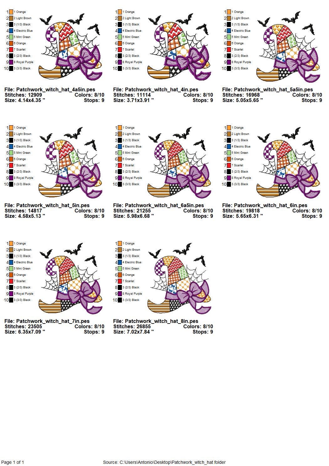 Patchwork Witch Hat Halloween theme awesome patterned Witch Hat outline girls machine embroidery designs sizes 4 up to 8 inch light stitch - image 7