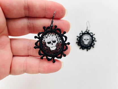 Halloween Skull Cameo Vintage style charm earrings FSL freestanding lace machine embroidery designs girls earrings design simply in the hoop - image 3