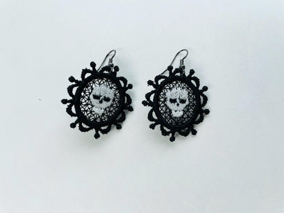 Halloween Skull Cameo Vintage style charm earrings FSL freestanding lace machine embroidery designs girls earrings design simply in the hoop - image 4