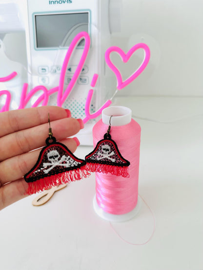 Fringed Pirate earrings FSL freestanding lace machine embroidery designs Corsair Skull crossed bones charm pendant design simply in the hoop - image 2