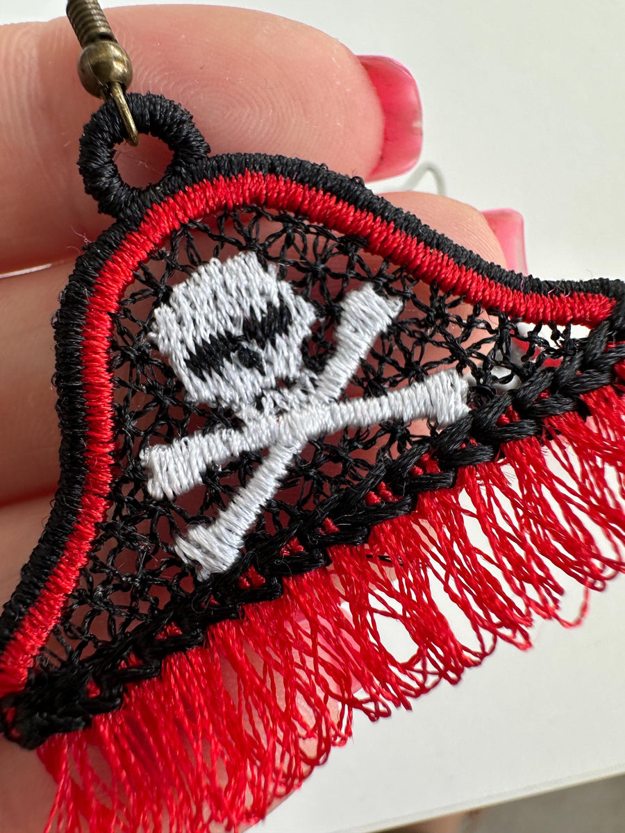 Fringed Pirate earrings FSL freestanding lace machine embroidery designs Corsair Skull crossed bones charm pendant design simply in the hoop - image 1