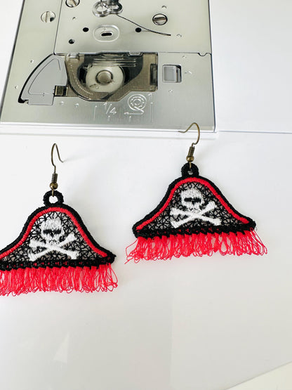 Fringed Pirate earrings FSL freestanding lace machine embroidery designs Corsair Skull crossed bones charm pendant design simply in the hoop - image 4