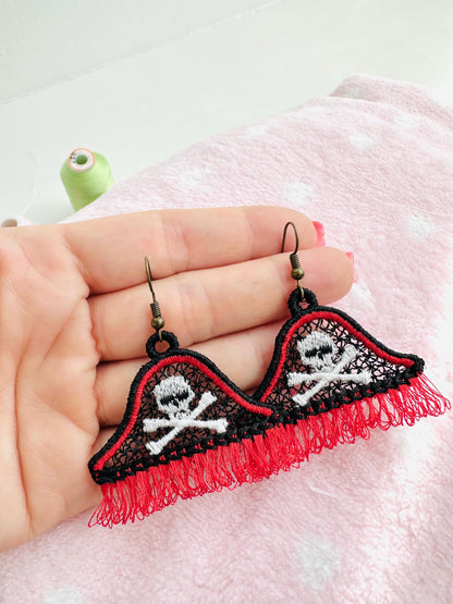 Fringed Pirate earrings FSL freestanding lace machine embroidery designs Corsair Skull crossed bones charm pendant design simply in the hoop - image 5
